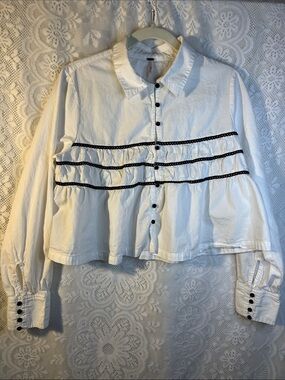 Free People White Button-Down Ruffle Trim Shirt